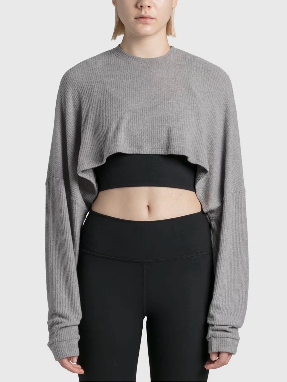 Joah Brown Top Slouchy Crop Pullover Rib Knit Sweater Long Sleeve Gray One Size